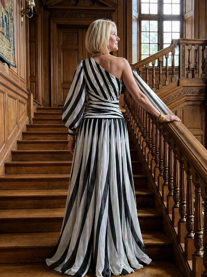 Shiloh |Elegant Striped Maxi Dress with One Shoulder