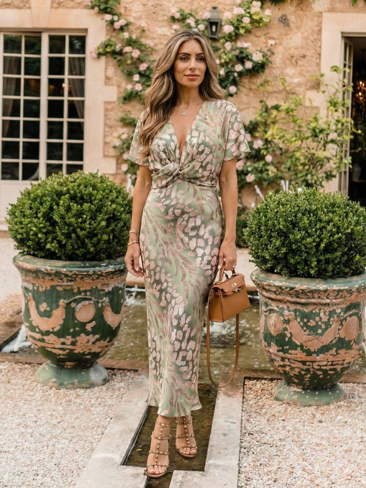 Shirley | Abstract Print V Neck Twist Waist Midi Dress