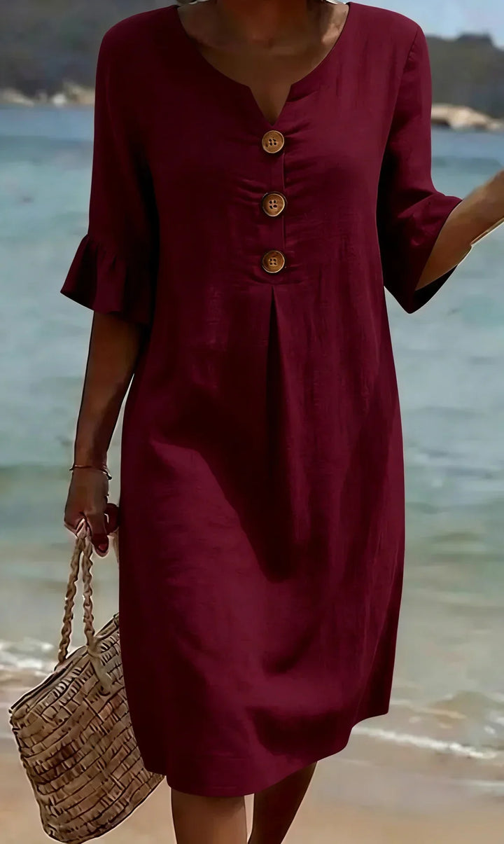Victoria | Linen-Texture Puff Sleeve Button Dress