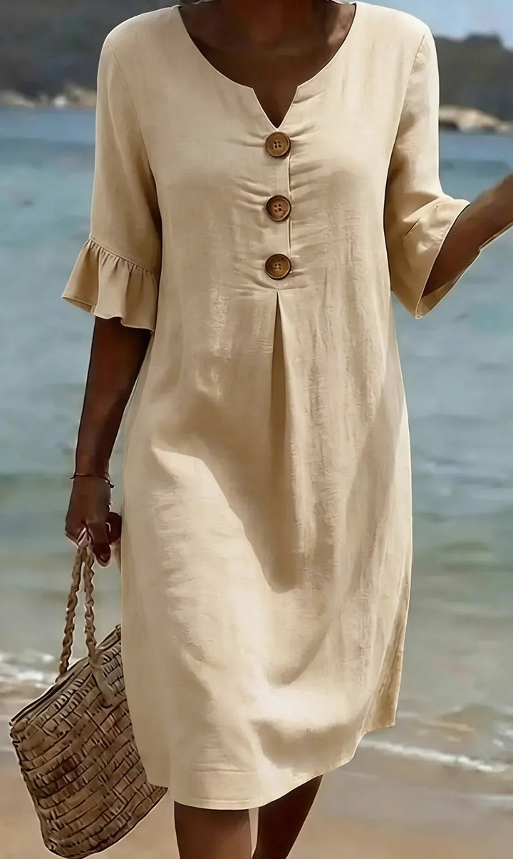 Victoria | Linen-Texture Puff Sleeve Button Dress