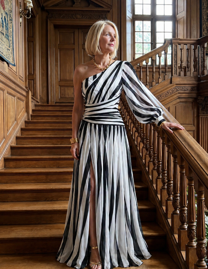 Shiloh |Elegant Striped Maxi Dress with One Shoulder