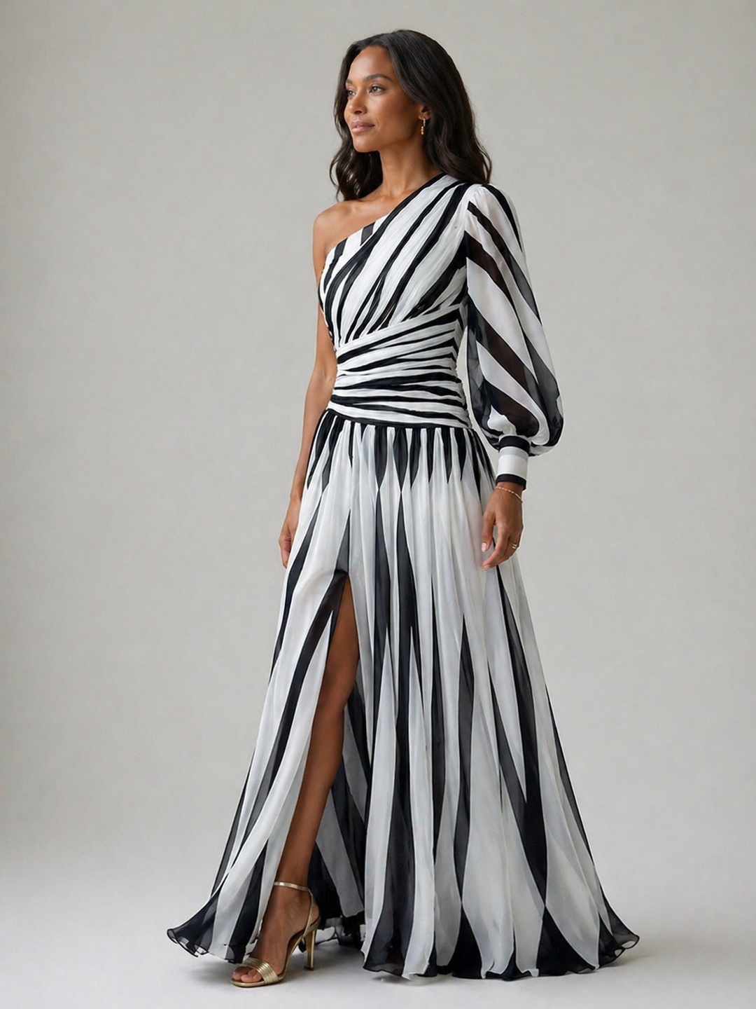 Shiloh |Elegant Striped Maxi Dress with One Shoulder